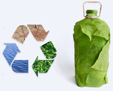 recycling symbol and rendering of bottle made of leaves