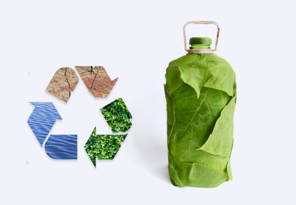 recycling symbol and rendering of bottle made of leaves