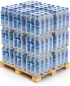 stacked pallet of 12-packs of water bottles