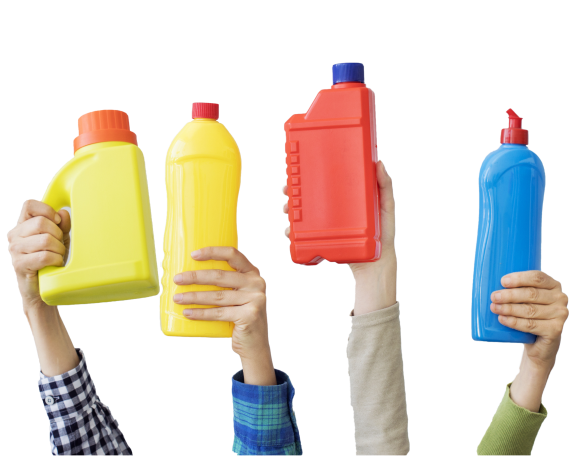 hands holding up product bottles of different sizes and colours