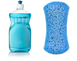 clear dish detergent bottle and sponge